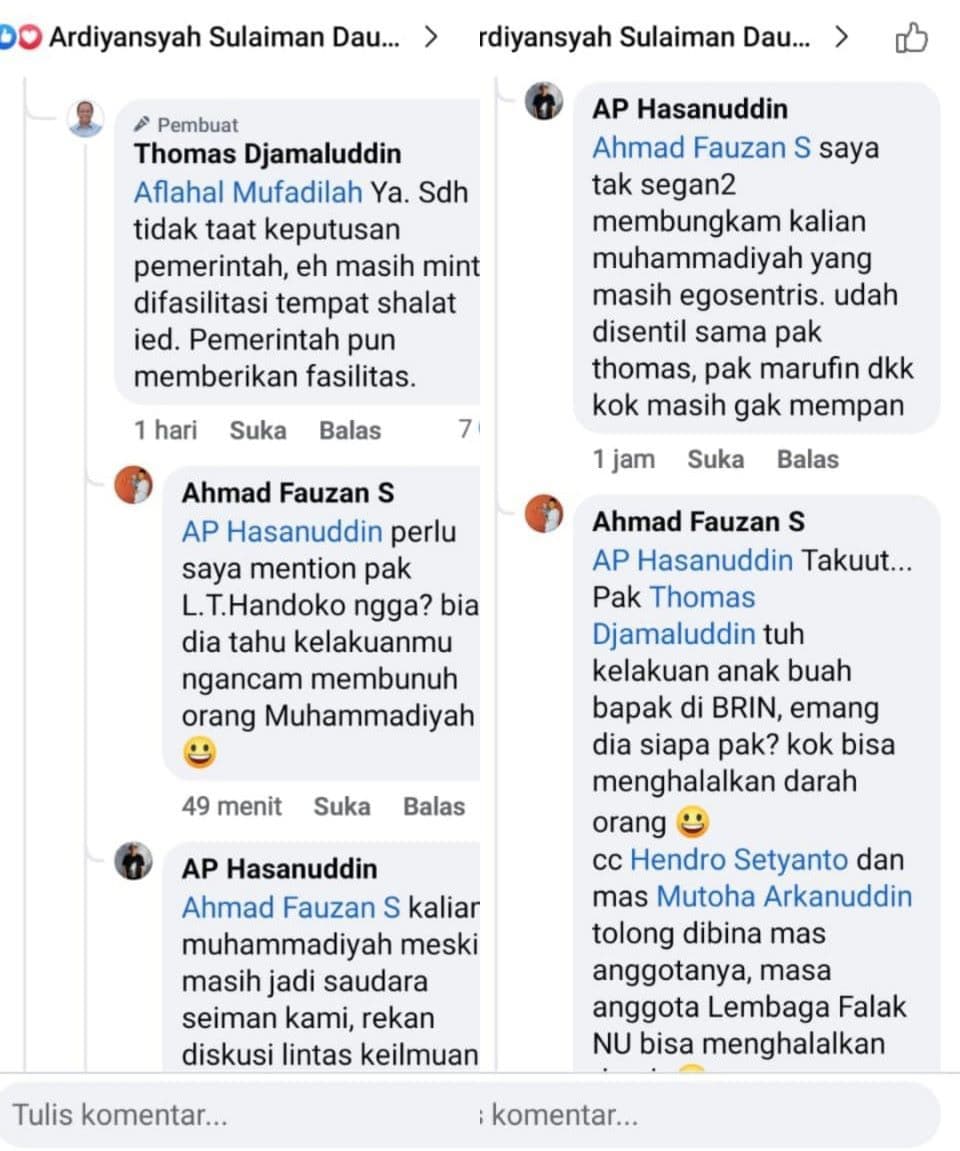 Tangkapan layar ancaman peneliti BRIN, Andi Pangerang Hasanuddin yang viral di sosial media.   