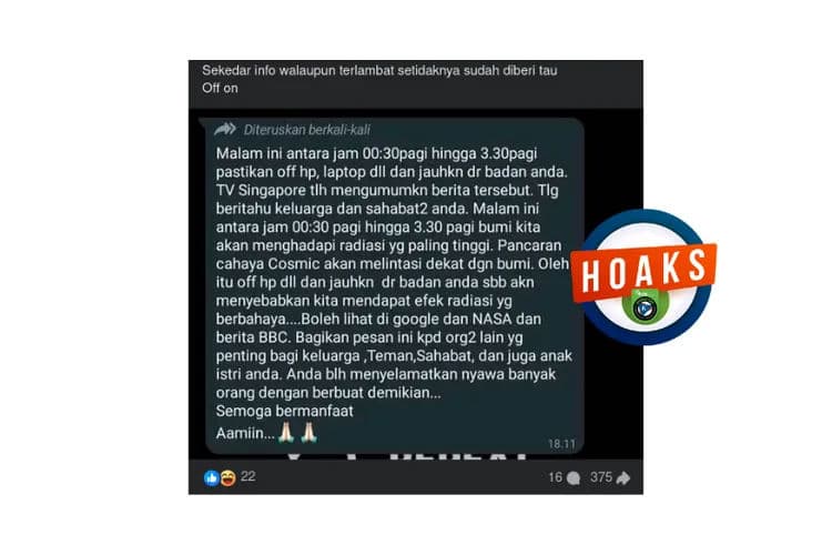 Hoaks: Pesan Berantai Imbauan Matikan Ponsel Hindari Radiasi Kosmik