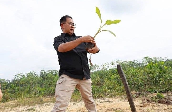 Penjabat (Pj) Gubernur Kaltim Akmal Malik memimpin penanaman 1.000 bibit pohon pisang kepok grecek di km 24 Jalan Soekarno Hatta Balikpapan Utara, Sabtu (15/6/2024).