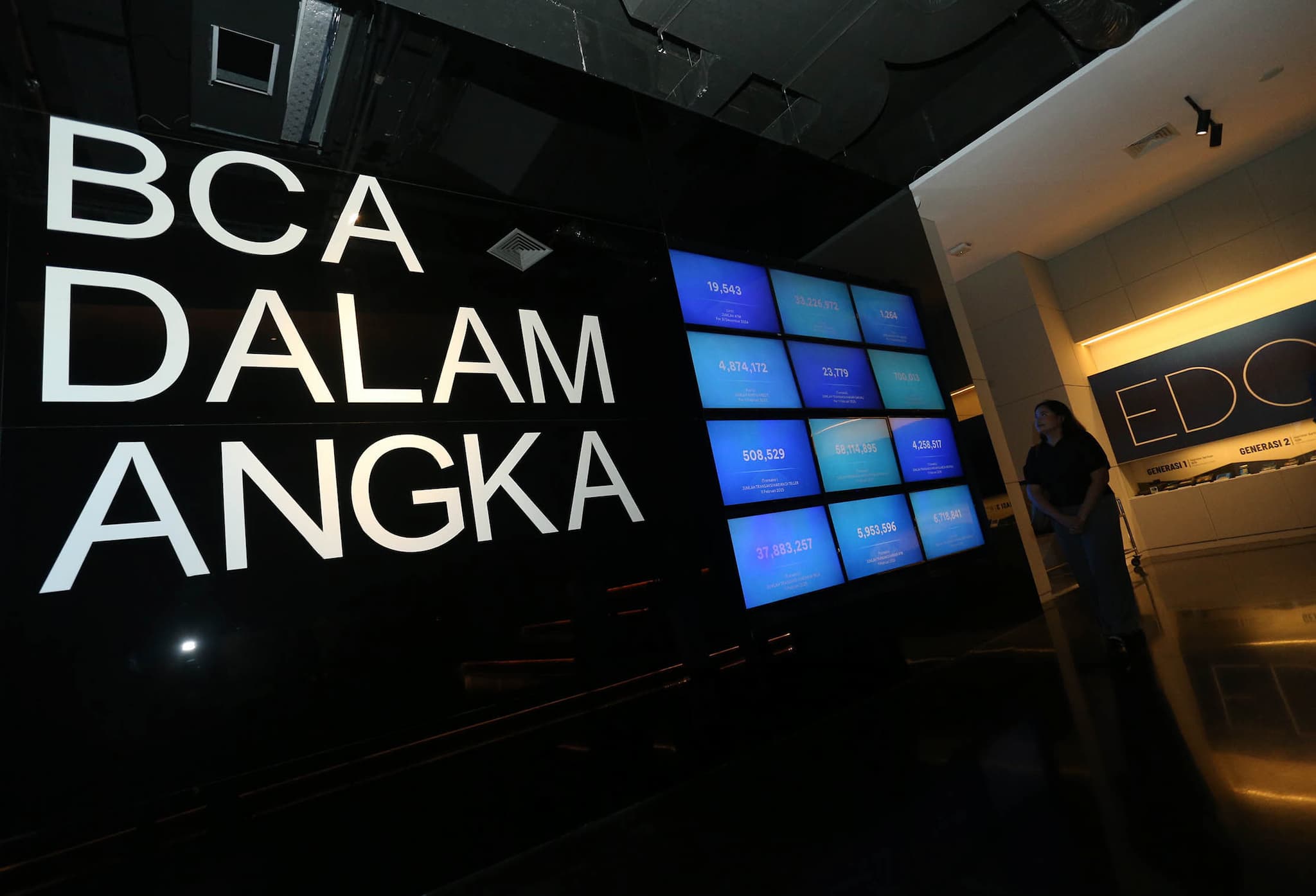Pengunjung mengamati instalasi dalam Zona Bakti BCA yang terletak di BCA Learning Institute, Sentul. Galeri Bakti BCA dirancang untuk menghadirkan pengalaman yang tidak hanya informatif tetapi juga interaktif. Setiap area dalam zona ini dikemas secara modern dengan elemen visual, multimedia, dan instalasi yang menceritakan kisah di balik berbagai inisiatif BCA. Foto : Panji Asmoro/TrenAsia