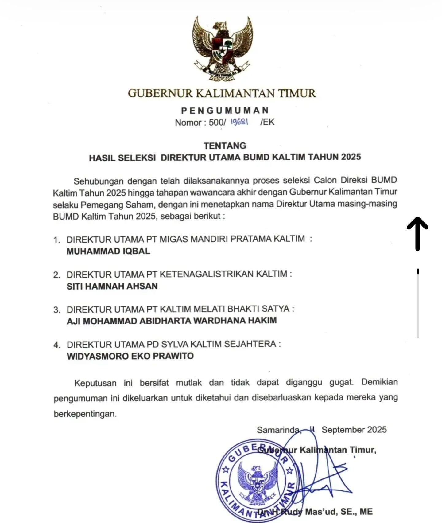 Pengumuman seleksi Dirut Perusda Kaltim