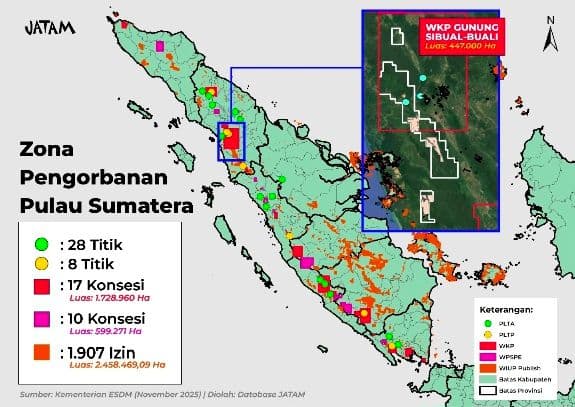Peta konsesi hutan di Pulau Sumatera yang dirilis Jaringan Advokasi Tambang (Jatam)