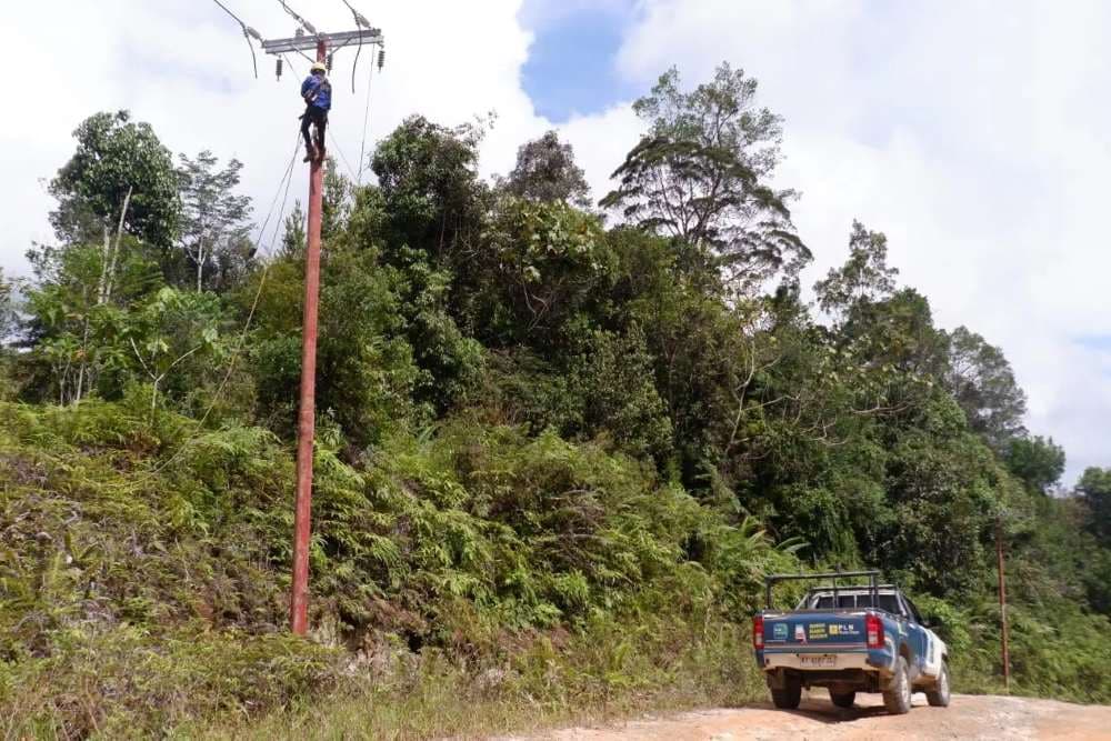 Petugas melakukan pemeliharaan jaringan listrik di wilayah pedalaman. 
