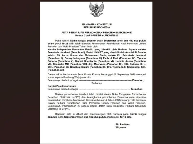 MK menerima pengajuan sengketa hasil Pilpres 2024 pada 10 September 2026