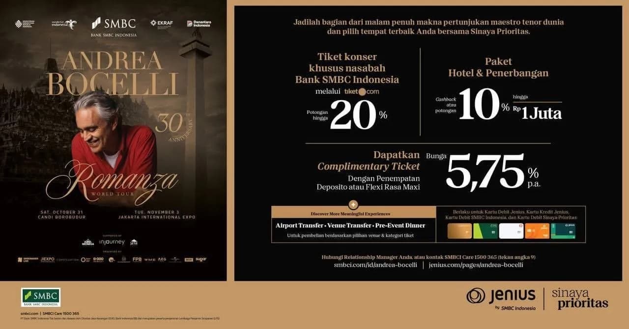 Bank SMBC Indonesia Hadirkan Diskon 20% Tiket Konser Andrea Bocelli